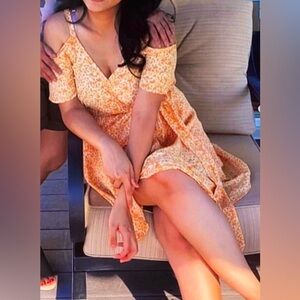 Orange Floral Cold Shoulder V-Neckline Waist Tie Wrap Hem Mini Chiffon Dress